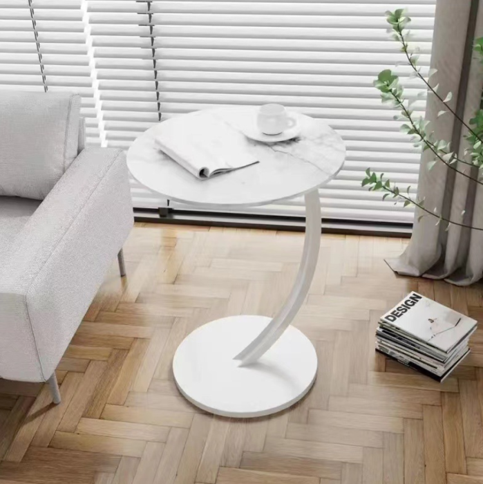 Masuta de cafea rotunda, design modern tip C, blat alb si cadru metalic alb, pentru living sau dormitor [3]