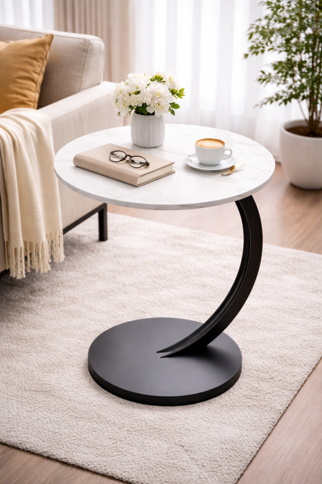 Masuta de cafea rotunda, design modern tip C, blat alb si cadru metalic negru, pentru living sau dormitor [2]
