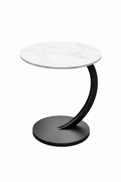 Masuta de cafea rotunda, design modern tip C, blat alb si cadru metalic negru, pentru living sau dormitor [3]