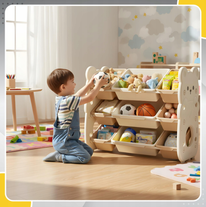 Organizator pentru jucarii si carti – 12 spatii de depozitare, Tematica Ursulet, Alb [8]