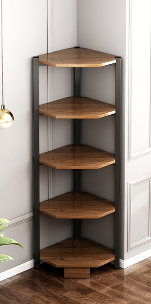 Raft de colt/biblioteca/suport plante cu 5 etaje, design industrial, maro rustic si negru – pentru living, dormitor sau birou [2]