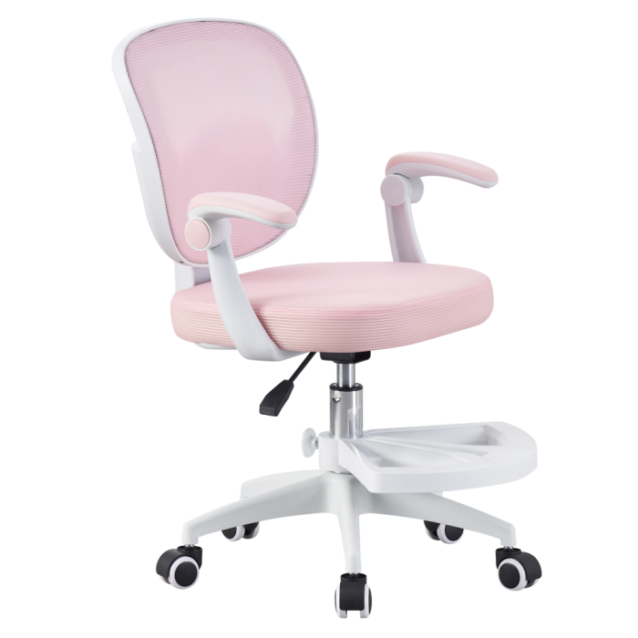 Scaun de birou, hidraulic si pivotant, pentru copii, rotativ cu sezut din spuma, spatar ergonomic, culoare roz [5]