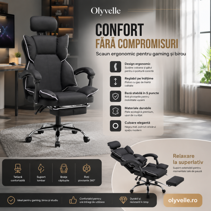 Scaun de birou reglabil, cu spatar ergonomic si tetiera, culoare negru [4]