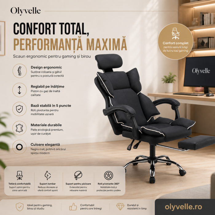 Scaun de birou reglabil, cu spatar ergonomic si tetiera, culoare negru [2]