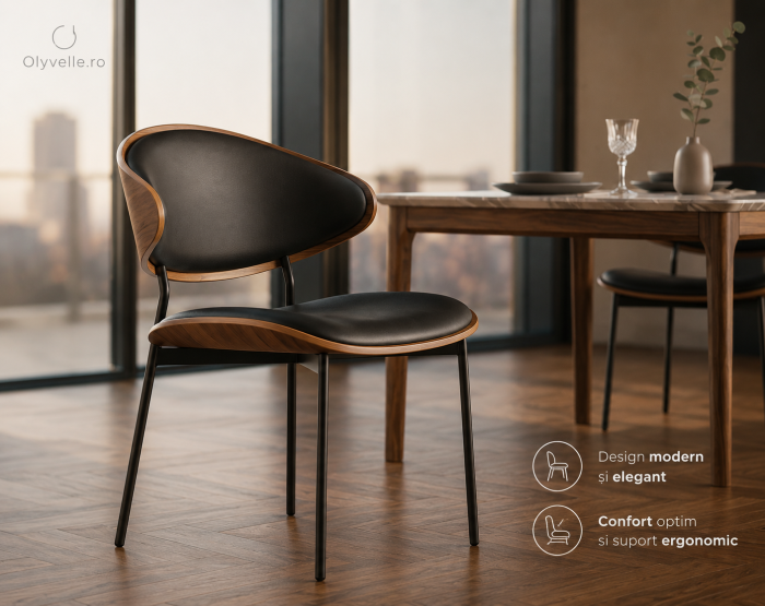 Scaun Dining Olyvelle Walnut - Lemn si Piele Ecologica, Design Scandinav [2]