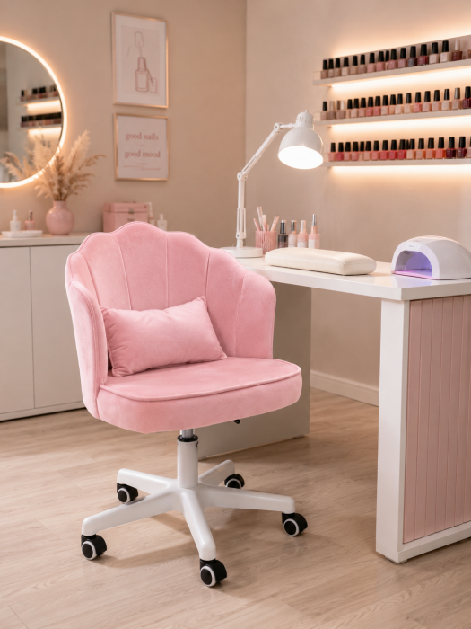 Scaun hidraulic cu spatar si roti - pentru copii, din catifea, elegant ergonomic rotativ cu inaltime reglabila, roz [10]