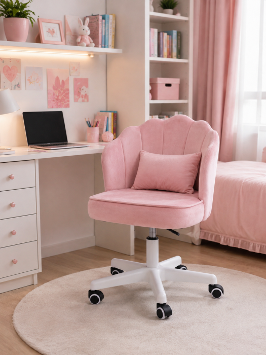 Scaun hidraulic cu spatar si roti - pentru copii, din catifea, elegant ergonomic rotativ cu inaltime reglabila, roz [6]