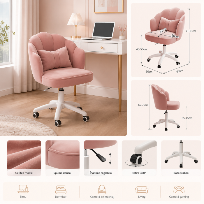 Scaun hidraulic cu spatar si roti - pentru copii, din catifea, elegant ergonomic rotativ cu inaltime reglabila, roz [3]