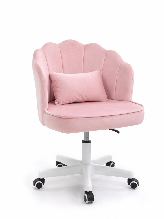 Scaun hidraulic cu spatar si roti - pentru copii, din catifea, elegant ergonomic rotativ cu inaltime reglabila, roz [5]