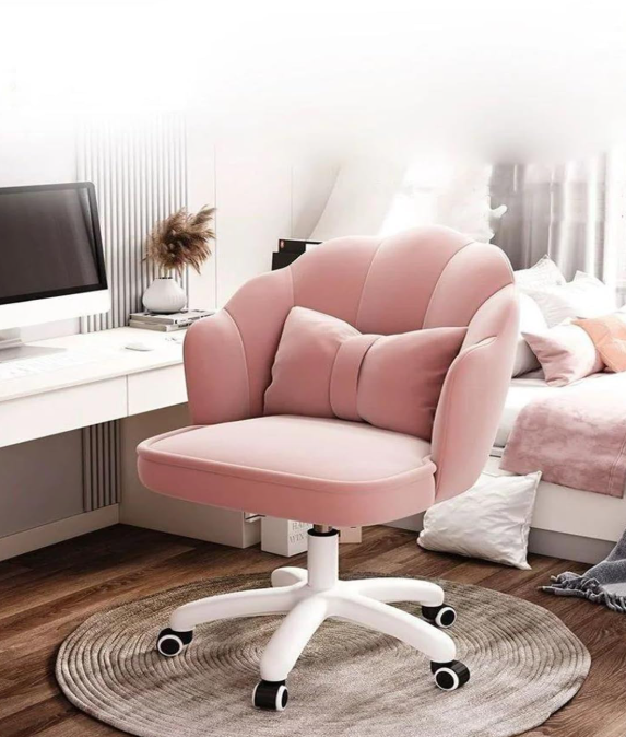 Scaun hidraulic cu spatar si roti - pentru copii, din catifea, elegant ergonomic rotativ cu inaltime reglabila, roz [4]