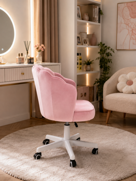 Scaun hidraulic cu spatar si roti - pentru copii, din catifea, elegant ergonomic rotativ cu inaltime reglabila, roz [9]