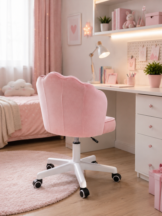 Scaun hidraulic cu spatar si roti - pentru copii, din catifea, elegant ergonomic rotativ cu inaltime reglabila, roz [7]