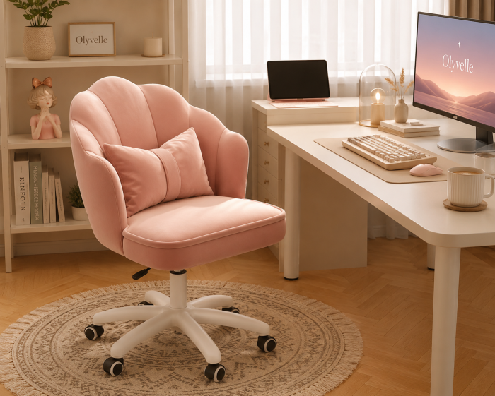 Scaun hidraulic cu spatar si roti - pentru copii, din catifea, elegant ergonomic rotativ cu inaltime reglabila, roz [2]