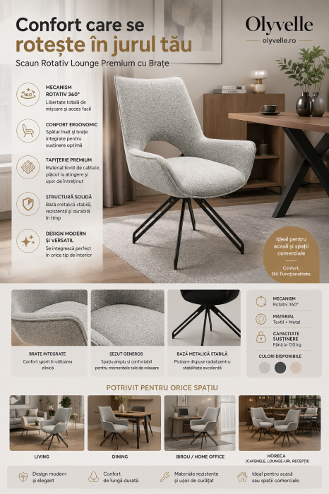 Scaun pentru living sau dining, rotativ, cu brațe, tapitat, textil, design modern, bază metalică [3]