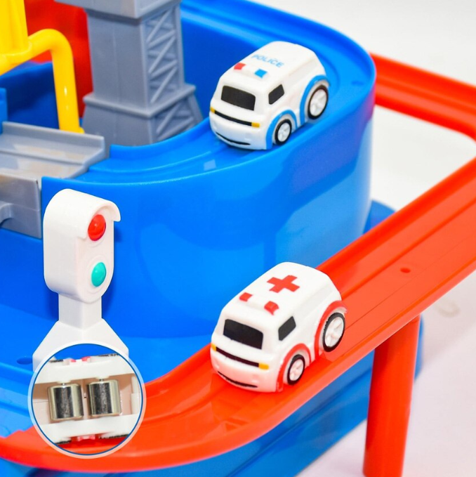 Set interactiv pista de masini, traseu cu obstacole, elemente mobile, butoane control, 2 masinute, jucarie Interactiva, pentru Copii, Baieti si Fete, + 3 ani, Multicolor [4]