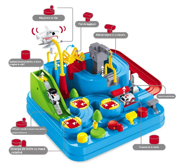Set interactiv pista de masini, traseu cu obstacole, elemente mobile, butoane control, 2 masinute, jucarie Interactiva, pentru Copii, Baieti si Fete, + 3 ani, Multicolor [6]