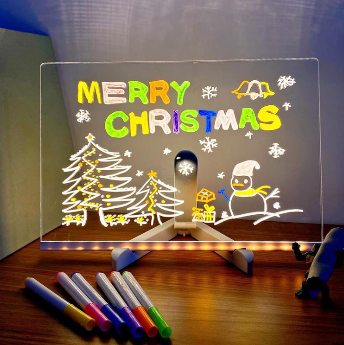 Tabla interactiva cu iluminare LED, 30x20cm, cu suport, arilica si reutilizabila, markere colorate – pentru mesaje, desene si decoratiuni [2]