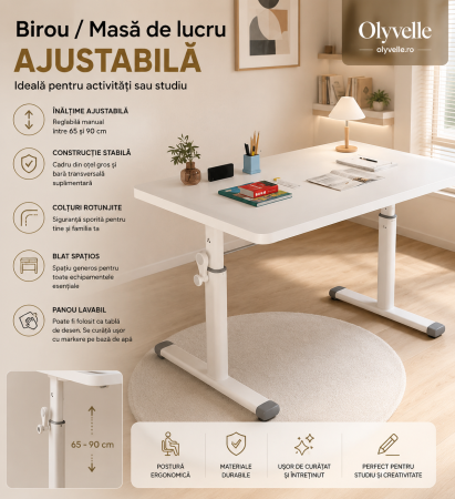 Birou reglabil pe inaltime 100x60 cm – Birou ergonomic pentru copii si adulti, Alb