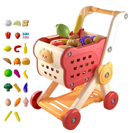 Jucarii de rol & imitatie - Carucior de cumparaturi pentru copii, cu 27 accesorii, joc de rol supermarket, roți stabile, 40x27x50 cm, jucarie educativa 3+ ani