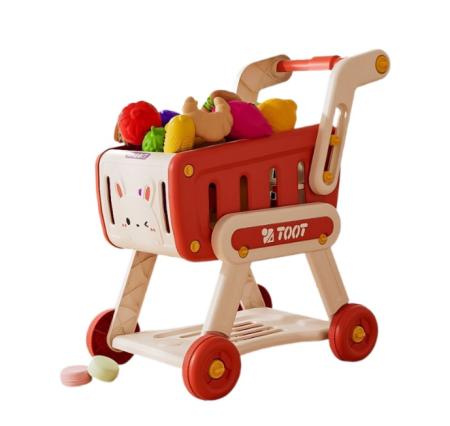 Jucarii - Carucior rosu de Cumparaturi pentru Copii, 32 x Fructe si legume aleatorii