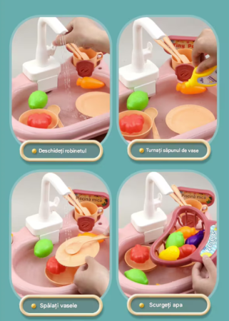 Jucarii - Chiuveta Interactiva pentru Copii 3-in-1, Apa Circulanta, Tobogan, Pescuit – Distractie cu Pestisori, Ratuste si Ustensile, Roz