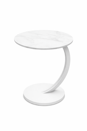 Mese - Masuta de cafea rotunda, design modern tip C, blat alb si cadru metalic alb, pentru living sau dormitor