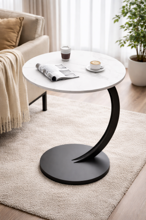 Mese - Masuta de cafea rotunda, design modern tip C, blat alb si cadru metalic negru, pentru living sau dormitor