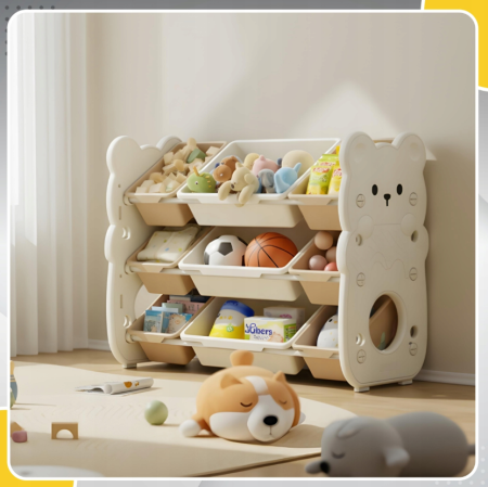 Mobilier copil - Organizator pentru jucarii si carti – 12 spatii de depozitare, Tematica Ursulet, Alb
