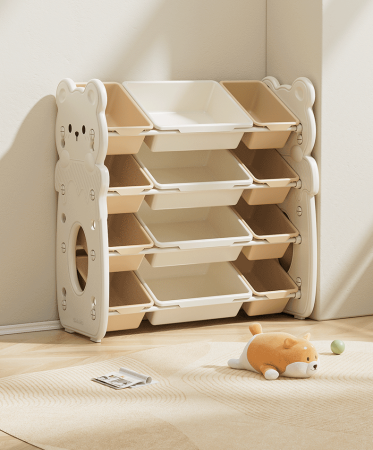 Organizare jucarii - Organizator pentru jucarii si carti – 12 spatii de depozitare, Tematica Ursulet, Alb