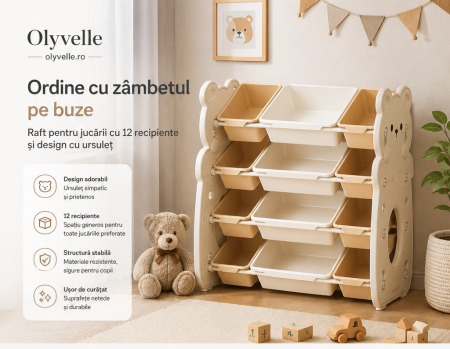 Organizare - Organizator pentru jucarii si carti – 12 spatii de depozitare, Tematica Ursulet, Alb