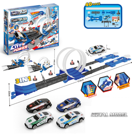 Jucarii - Pista de Curse - Set de Curse Auto cu 4 masini rapide si 2 Piste - Circuit de mare viteza cu rampe si bucle - pentru 2 jucatori