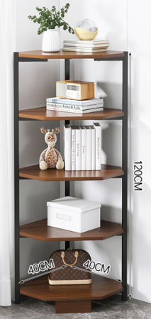 Raft de colt/biblioteca/suport plante cu 5 etaje, design industrial, maro rustic si negru – pentru living, dormitor sau birou [3]