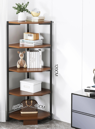 Mobilier casa - Raft de colt/biblioteca/suport plante cu 5 etaje, design industrial, maro rustic si negru – pentru living, dormitor sau birou