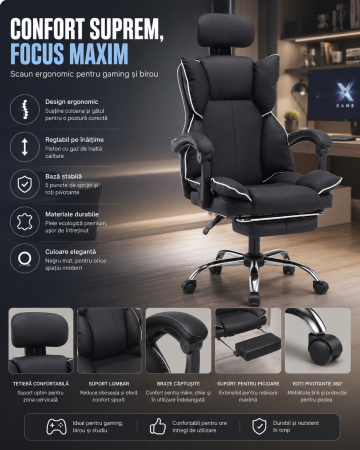 Scaune - Scaun de birou reglabil, cu spatar ergonomic si tetiera, culoare negru