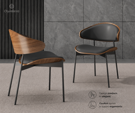 Scaune - Scaun Dining Olyvelle Walnut - Lemn si Piele Ecologica, Design Scandinav