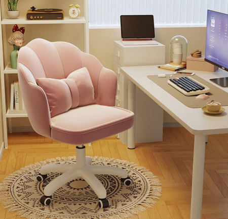 Scaun hidraulic cu spatar si roti - pentru copii, din catifea, elegant ergonomic rotativ cu inaltime reglabila, roz [2]