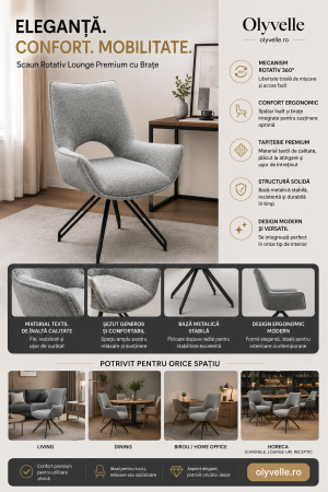 Scaune - Scaun pentru living sau dining, rotativ, cu brațe, tapitat, textil, design modern, bază metalică