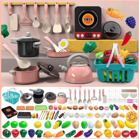 Jocuri de interior - Set Bucătărie de Jucărie 94 piese – Ustensile și Alimente pentru Copii, Mini Bucătărie Interactivă, Accesorii Incluse