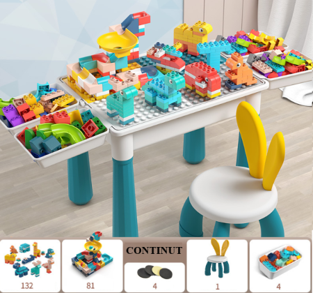 Jucarii - Set masa activitati de joaca - 6 in 1 - cu 218 piese de constructie, scaunel si spatii de depozitare - Parcul distractiei