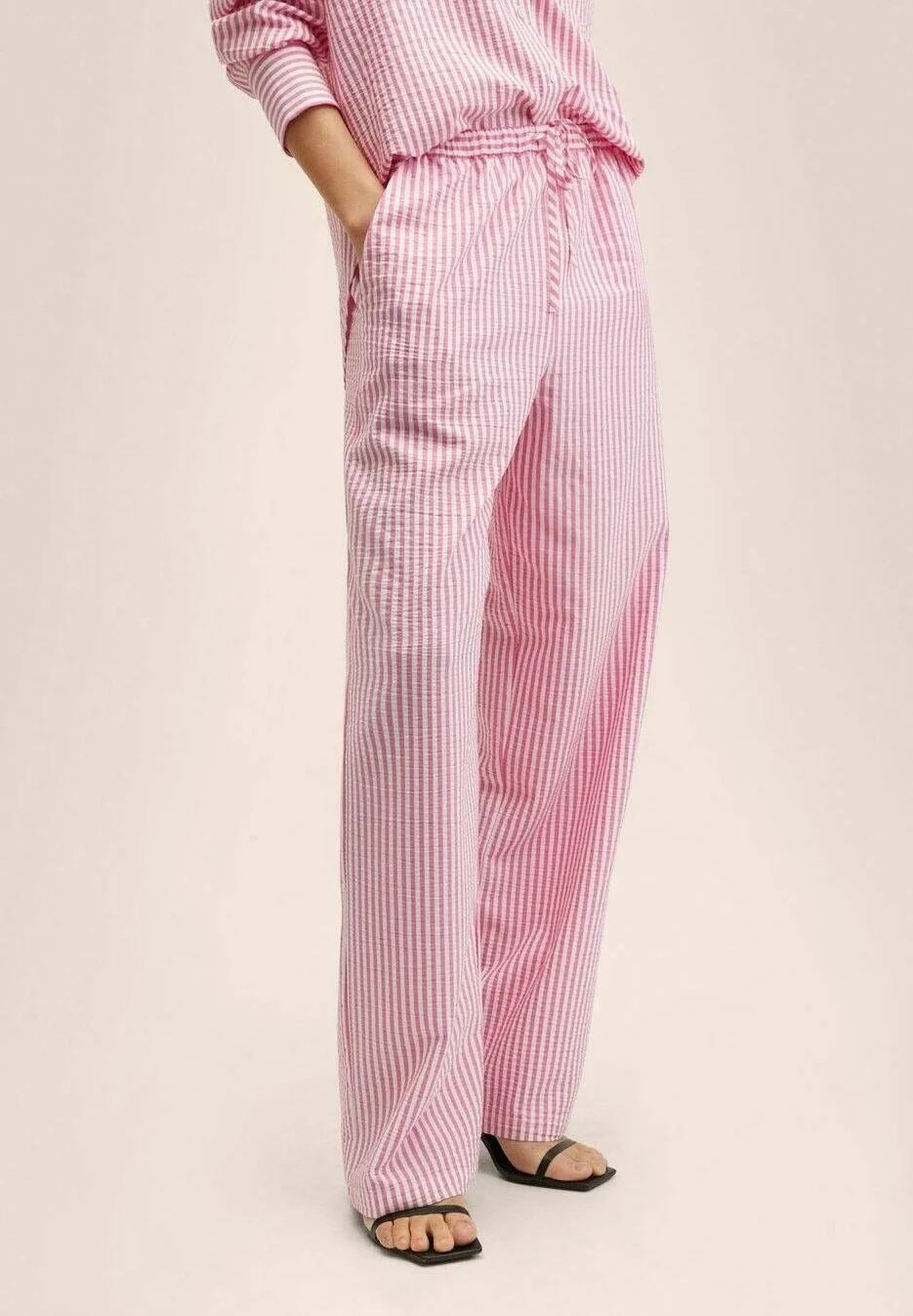 Femei - Pantaloni damă Mango, roz cu dungi albe