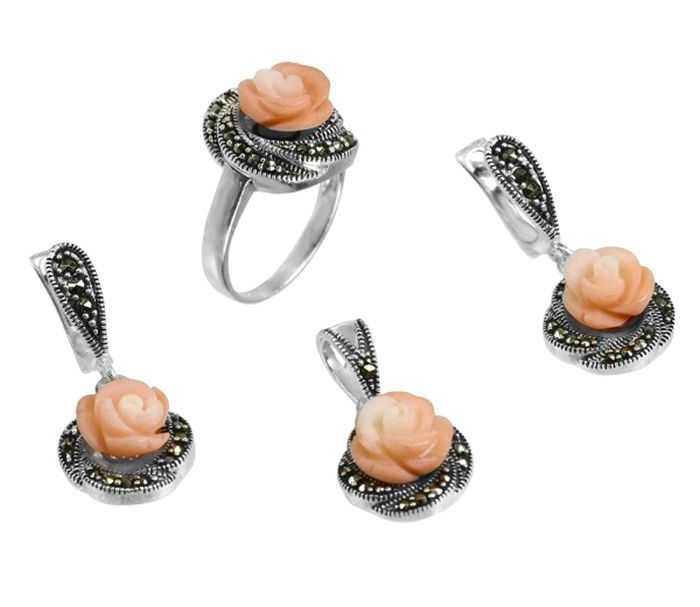 Set argint 925, antichizat , cu marcasite si coral roz [1]