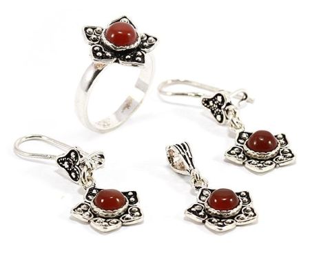 Seturi - Set argint 925, partial innegrit, inel, cercei si pandantiv cu agate, maro cogniac - 6276O5115