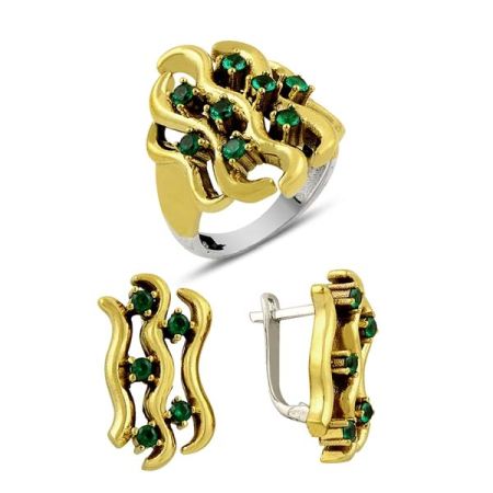 Seturi - Set argint 925, partial placat cu aur, cu  zirconia emerald green - 7417O5150