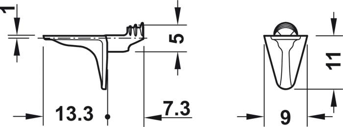 Suport pentru poliţe din lemn cu profil de fixare în panoul lateral tip diblu, capacitate portantă 9.4 kg pe bucată, montaj în gaură cu Ø 5 mm [2]