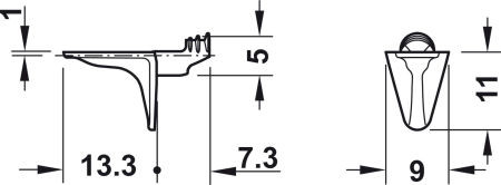 Suport pentru poliţe din lemn cu profil de fixare în panoul lateral tip diblu, capacitate portantă 9.4 kg pe bucată, montaj în gaură cu Ø 5 mm [1]