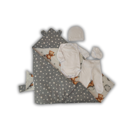 Plicuri pentru nounascuti - Set pentru externare Pampy – „Steluțe pe șur” cu plic din bumbac (5 piese)