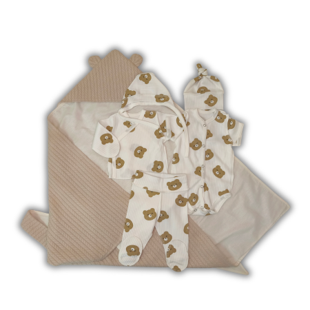 Plicuri pentru nounascuti - Set pentru externare Pampy – Codiță Bej + Tricot Rib Bears (6 piese)