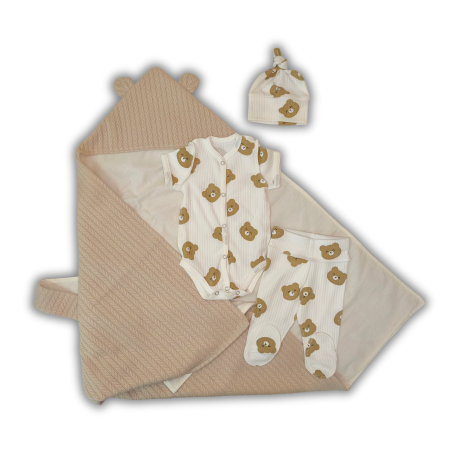 Plicuri pentru nounascuti - Set pentru externare Pampy – „Codiță Bej” din tricotaj rib, cu plic cu glugă (4 piese)