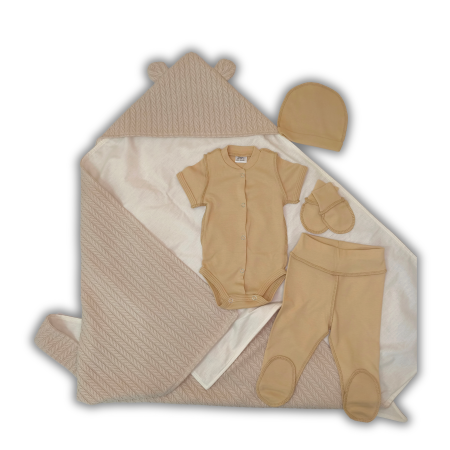 Plicuri pentru nounascuti - Set pentru externare Pampy – Bej natural cu plic cu glugă „Codiță” (5 piese)