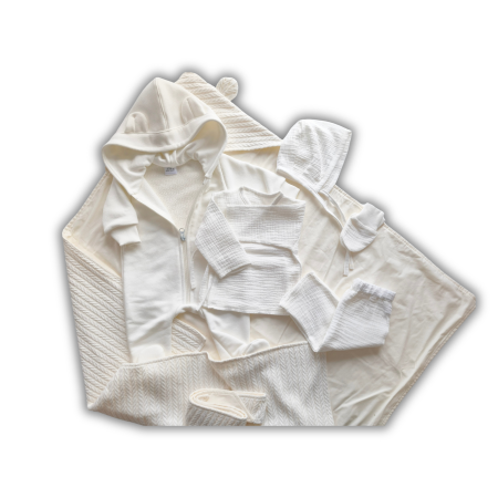 Plicuri pentru nounascuti - Set pentru externare salopetaset din muslin ivory